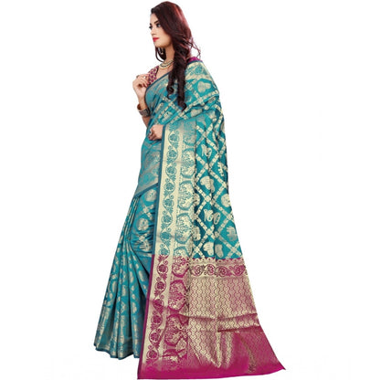 Women's Jacquard Woven Saree With Unstitched Blouse 5.5Mtr (Light Blue)