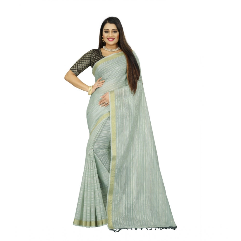 Women's Cotton Blend Solid/Plain Saree With Unstitched Blouse 5.5Mtr (Light Green)