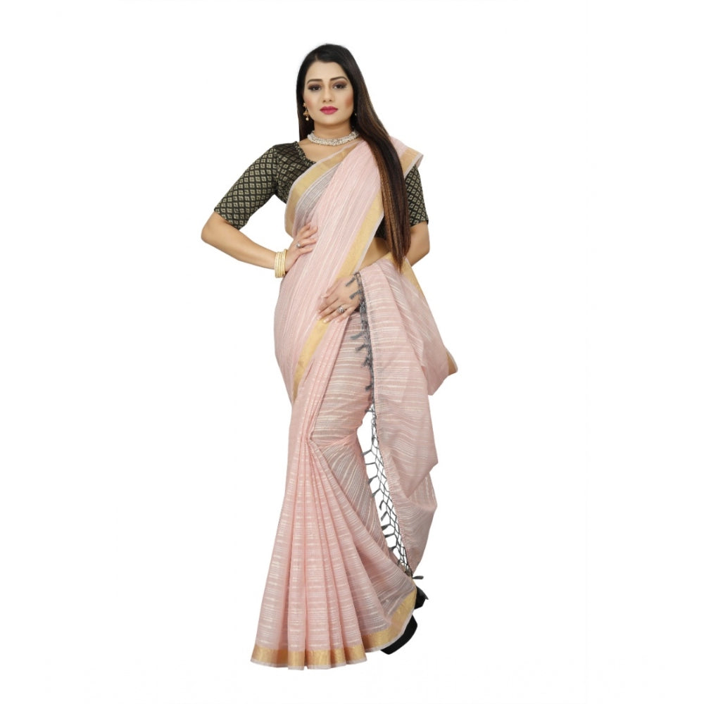 Women's Cotton Blend Solid/Plain Saree With Unstitched Blouse 5.5Mtr (Pink)