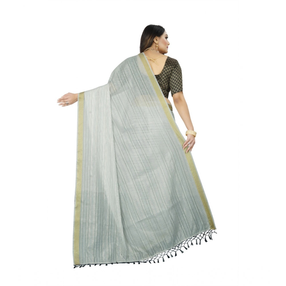 Women's Cotton Blend Solid/Plain Saree With Unstitched Blouse 5.5Mtr (Light Blue)