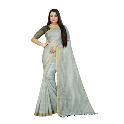 Women's Cotton Blend Solid/Plain Saree With Unstitched Blouse 5.5Mtr (Light Blue)