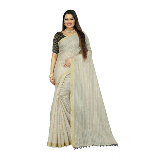 Women's Cotton Blend Solid/Plain Saree With Unstitched Blouse 5.5Mtr (Cream)