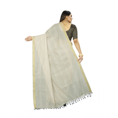 Women's Cotton Blend Solid/Plain Saree With Unstitched Blouse 5.5Mtr (Cream)