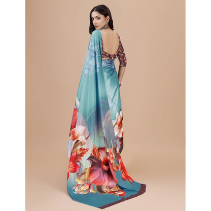 Women's Crepe Digital Print Saree With Unstitched Blouse 5.5Mtr (Blue)