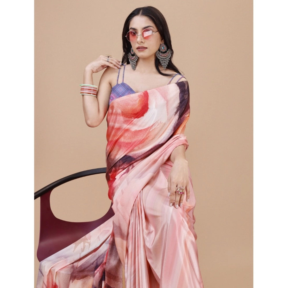 Women's Crepe Digital Print Saree With Unstitched Blouse 5.5Mtr (Pink)