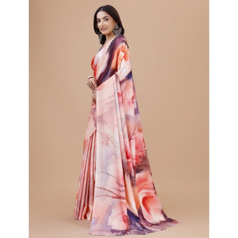 Women's Crepe Digital Print Saree With Unstitched Blouse 5.5Mtr (Pink)