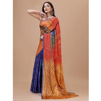 Women's Crepe Digital Print Saree With Unstitched Blouse 5.5Mtr (Orange)