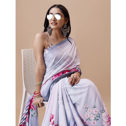 Women's Crepe Digital Print Saree With Unstitched Blouse 5.5Mtr (Grey)