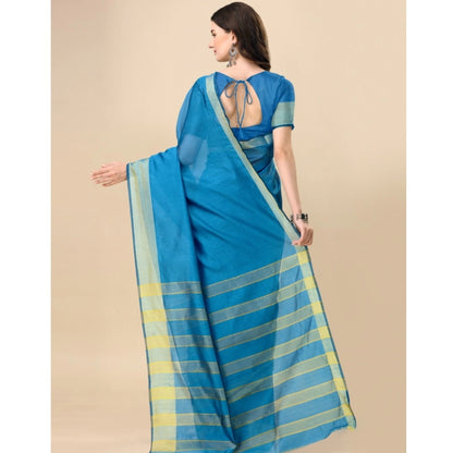 Women's Cotton Silk Striped Saree With Unstitched Blouse 5.5Mtr (Light Blue)