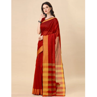 Women's Cotton Silk Striped Saree With Unstitched Blouse 5.5Mtr (Red)