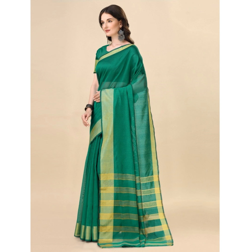 Women's Cotton Silk Striped Saree With Unstitched Blouse 5.5Mtr (Light Green)