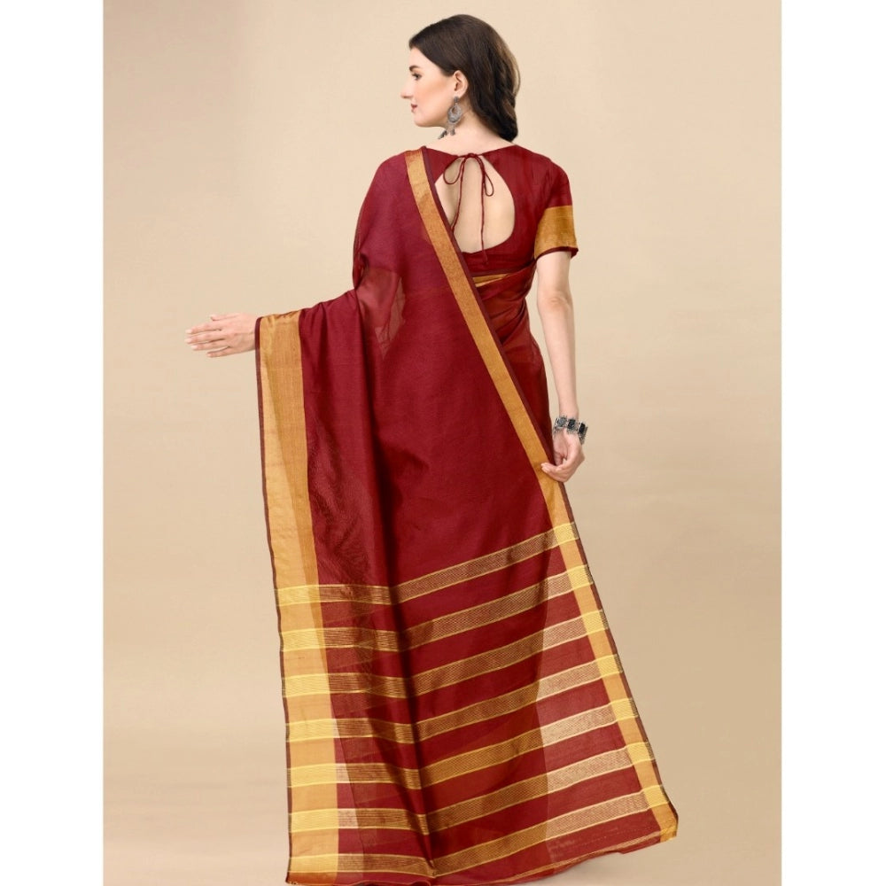 Women's Cotton Silk Striped Saree With Unstitched Blouse 5.5Mtr (Maroon)