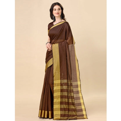 Women's Cotton Silk Striped Saree With Unstitched Blouse 5.5Mtr (Brown)