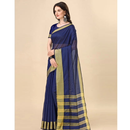 Women's Cotton Silk Striped Saree With Unstitched Blouse 5.5Mtr (Dark Blue)