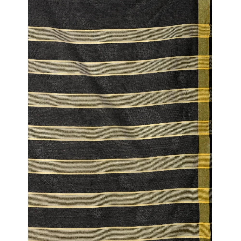 Women's Cotton Silk Striped Saree With Unstitched Blouse 5.5Mtr (Black)