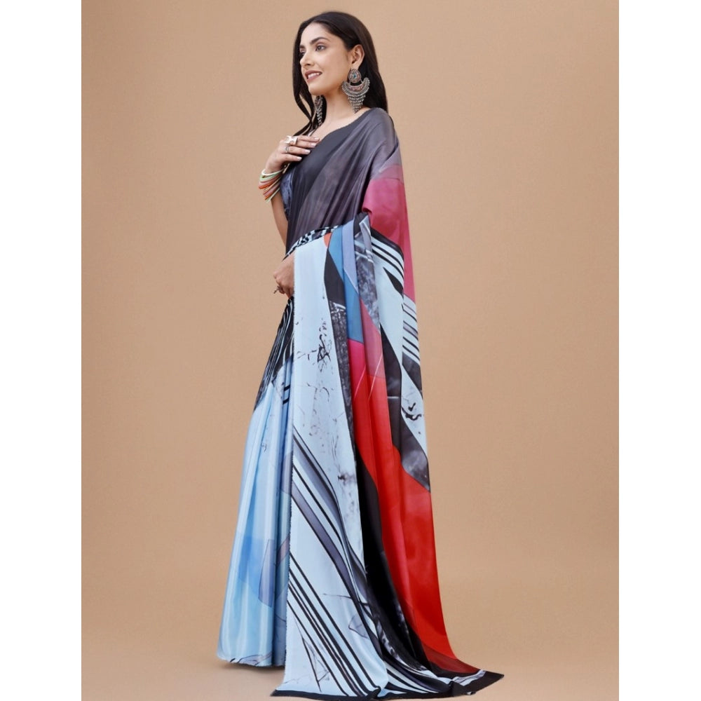 Women's Crepe Digital Print Saree With Unstitched Blouse 5.5Mtr (Light Blue)