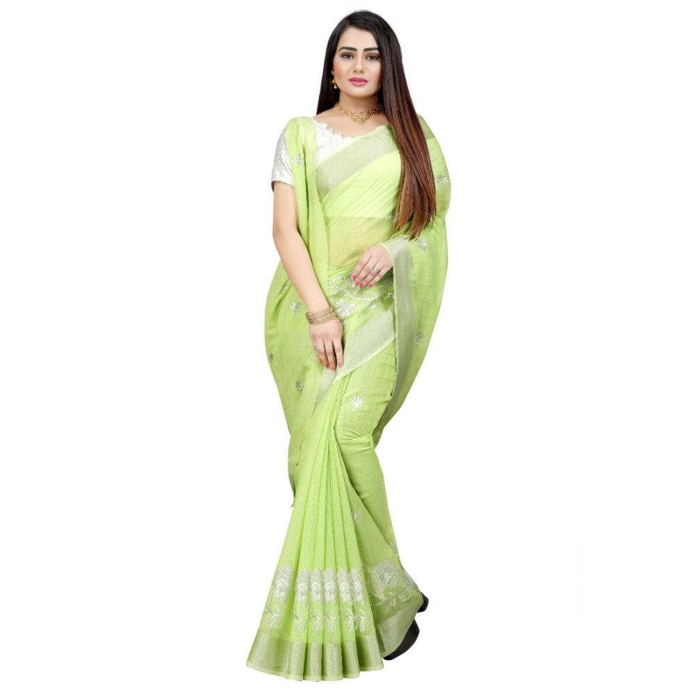 Women's Cotton Silk Embroidered Saree With Unstitched Blouse 5.5Mtr (Light Green)