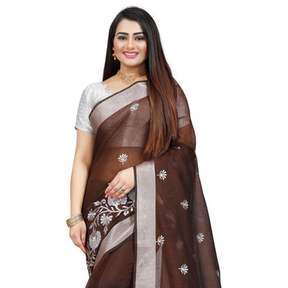 Women's Cotton Silk Embroidered Saree With Unstitched Blouse 5.5Mtr (Brown)