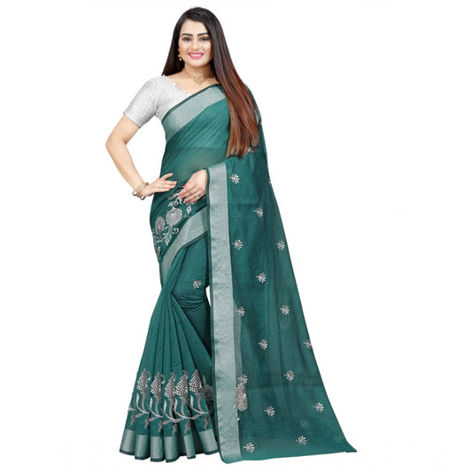 Women's Cotton Silk Embroidered Saree With Unstitched Blouse 5.5Mtr (Dark Green)