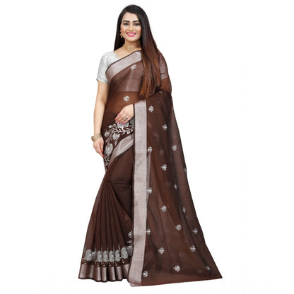 Women's Cotton Silk Embroidered Saree With Unstitched Blouse 5.5Mtr (Brown)