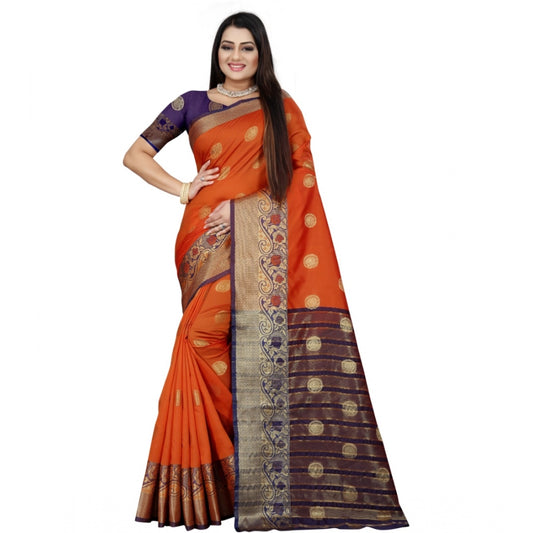 Women's Silk Blend Woven Saree With Unstitched Blouse 5.5Mtr (Blue-Orange)