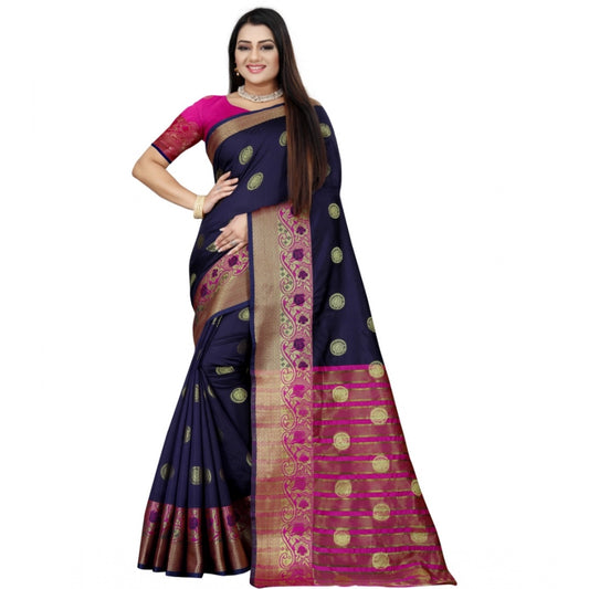 Women's Silk Blend Woven Saree With Unstitched Blouse 5.5Mtr (Dark Blue-Pink)