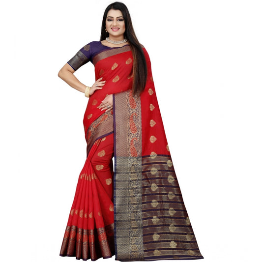 Women's Silk Blend Woven Saree With Unstitched Blouse 5.5Mtr (Purple-Red)