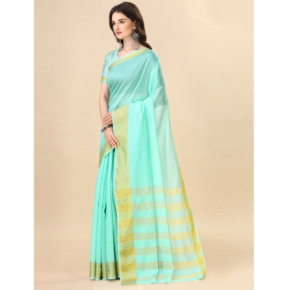 Women's Cotton Silk Striped Saree With Unstitched Blouse 5.5Mtr (Blue)