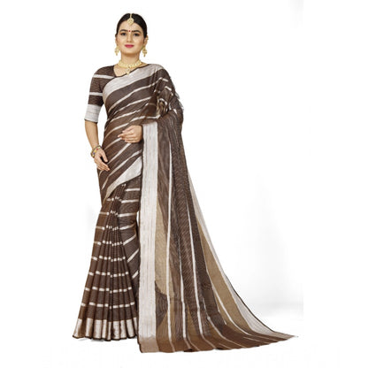 Women's Cotton Silk Striped Saree With Unstitched Blouse 5.5Mtr (Brown)