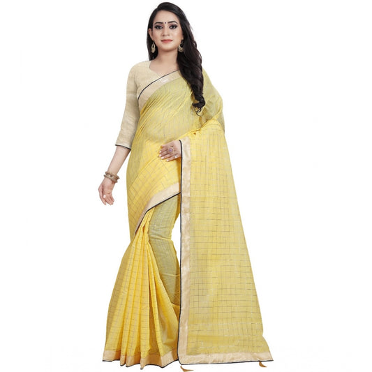 Women's Cotton Silk Checkered Saree With Unstitched Blouse 5.5Mtr (Yellow)