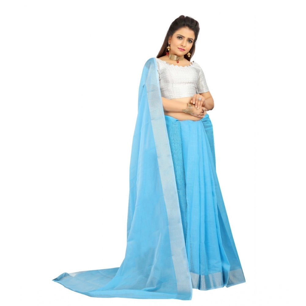 Women's Cotton Silk Self Design Saree With Unstitched Blouse 5.5Mtr (Light Blue)