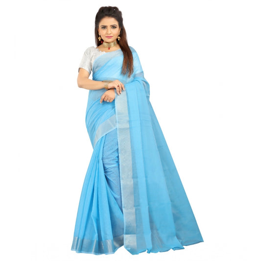 Women's Cotton Silk Self Design Saree With Unstitched Blouse 5.5Mtr (Light Blue)