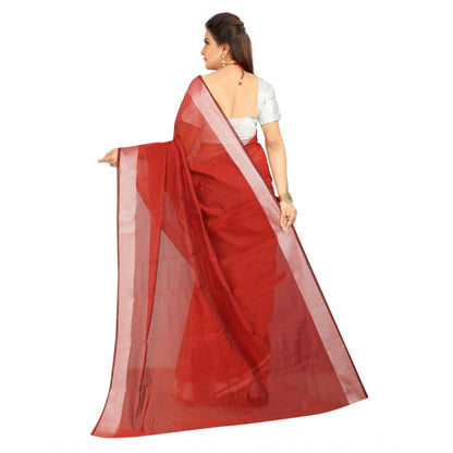 Women's Cotton Silk Self Design Saree With Unstitched Blouse 5.5Mtr (Red)