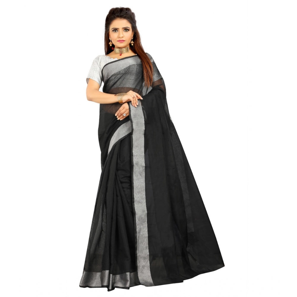 Women's Cotton Silk Self Design Saree With Unstitched Blouse 5.5Mtr (Black)