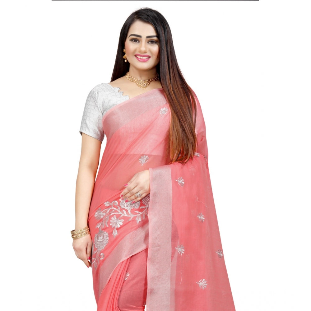 Women's Cotton Silk Embroidered Saree With Unstitched Blouse 5.5Mtr (Pink)