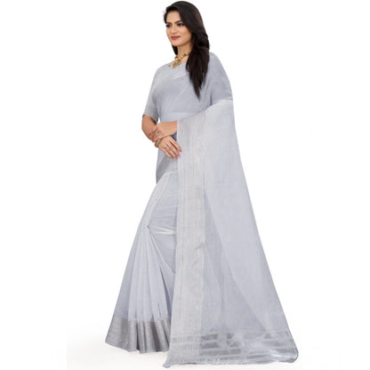 Women's Cotton Jute Self Design Saree With Unstitched Blouse 5.5Mtr (Grey)