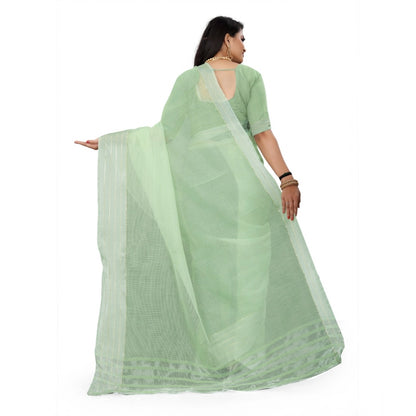 Women's Cotton Jute Self Design Saree With Unstitched Blouse 5.5Mtr (Green)