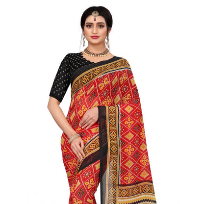 Women's Georgette Floral Print Saree With Unstitched Blouse 5.5Mtr (Red)