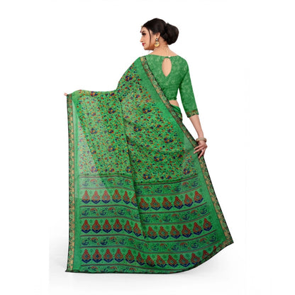 Women's Georgette Floral Print Saree With Unstitched Blouse 5.5Mtr (Green)