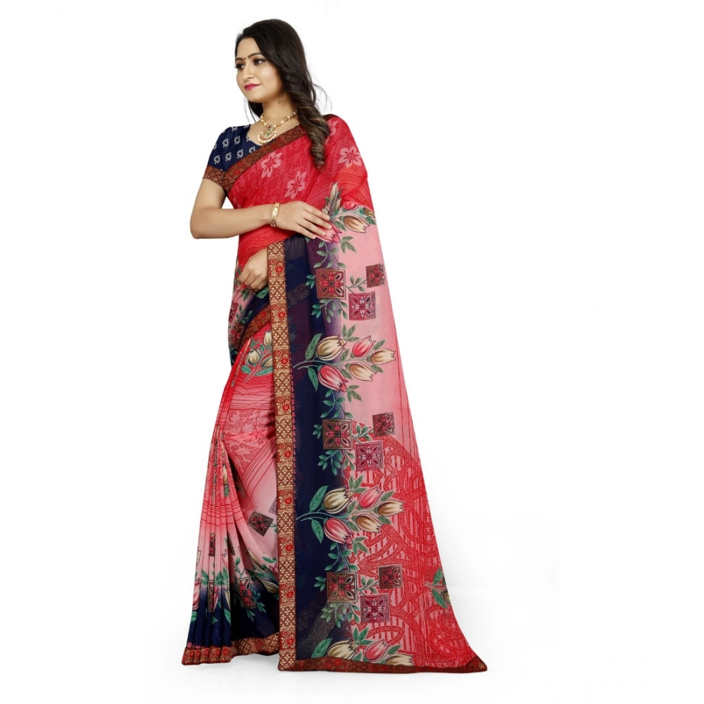 Women's Georgette Floral Print Saree With Unstitched Blouse 5.5Mtr (Red-Blue)