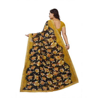 Women's Georgette Floral Print Saree With Unstitched Blouse 5.5Mtr (Black-Mustard)