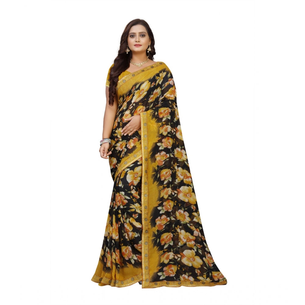 Women's Georgette Floral Print Saree With Unstitched Blouse 5.5Mtr (Black-Mustard)