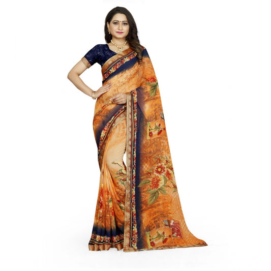 Women's Georgette Floral Print Saree With Unstitched Blouse 5.5Mtr (Blue-Orange)