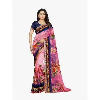 Women's Georgette Floral Print Saree With Unstitched Blouse 5.5Mtr (Blue-Pink)