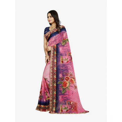 Women's Georgette Floral Print Saree With Unstitched Blouse 5.5Mtr (Blue-Pink)