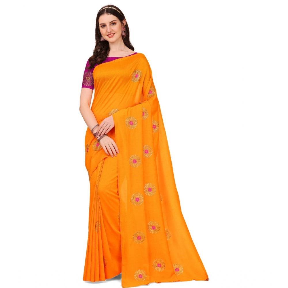 Generic Women's Silk Blend Embroidered Saree With Unstitched Blouse 5.5Mtr (Yellow)