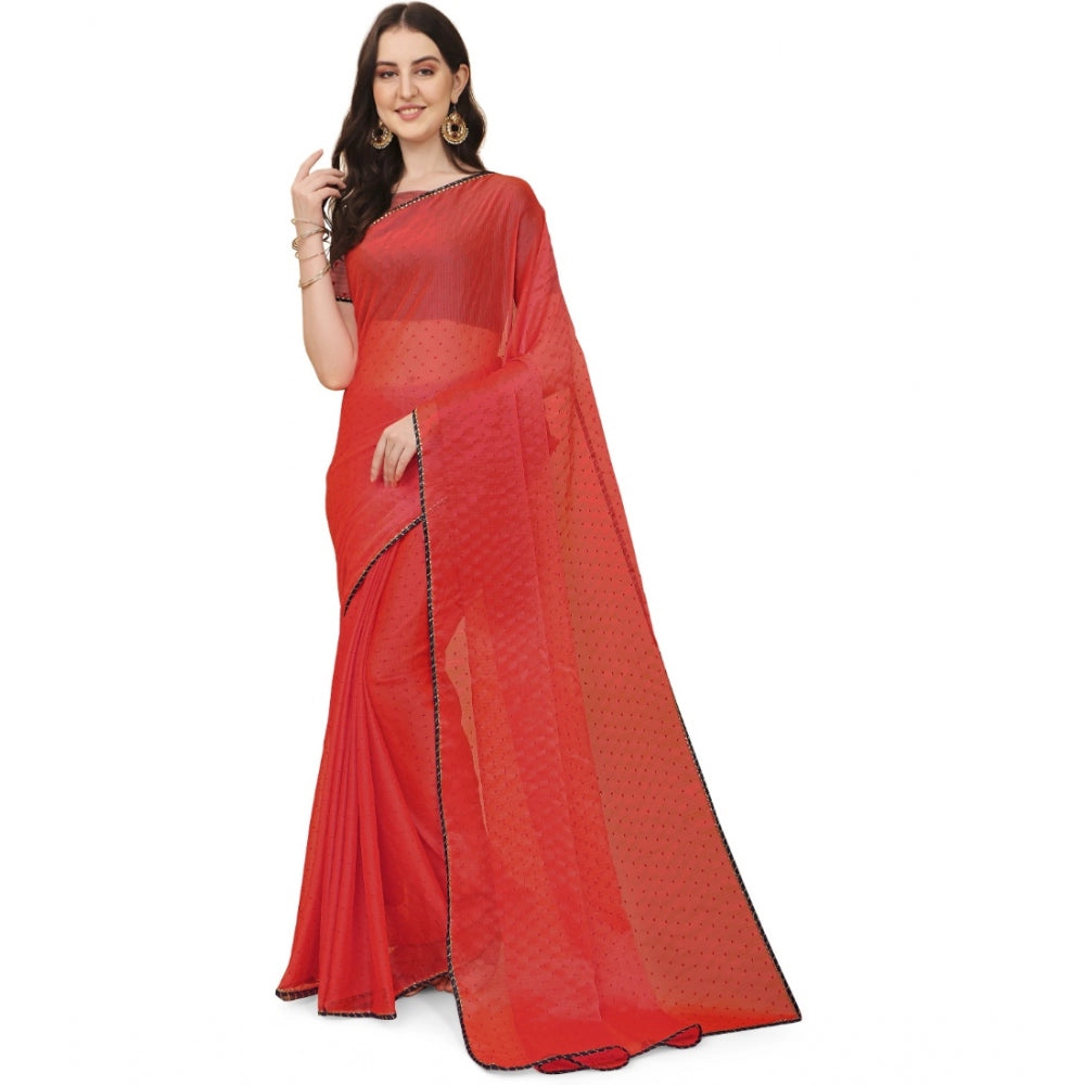 Women's Silk Blend Embellished Saree With Unstitched Blouse 5.5Mtr (Red)