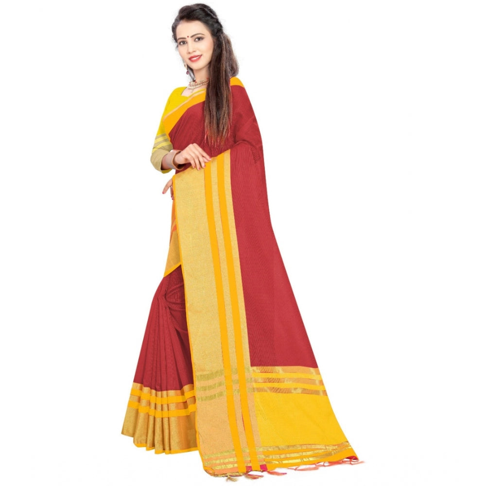 Women's Jacquard Striped Saree With Unstitched Blouse 5.5Mtr (Red)