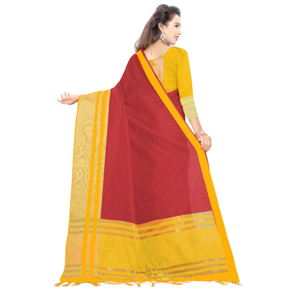 Women's Jacquard Striped Saree With Unstitched Blouse 5.5Mtr (Red)