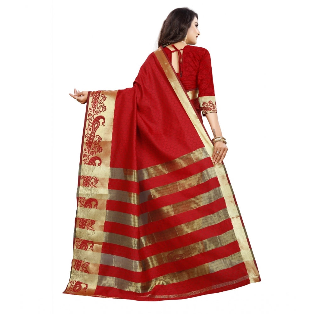 Women's Jacquard Woven Saree With Unstitched Blouse 5.5Mtr (Red)